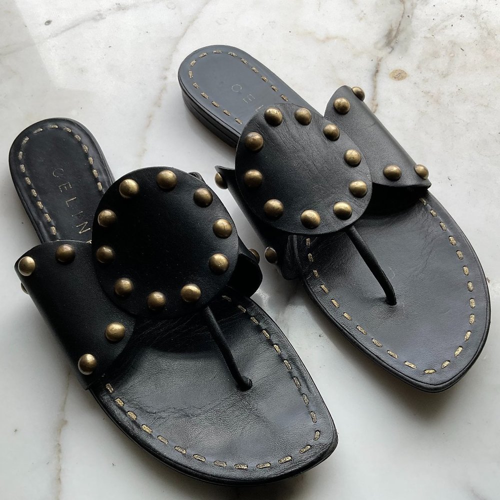 CELINE Black Leather with Gold Studded Gladiator Sandal